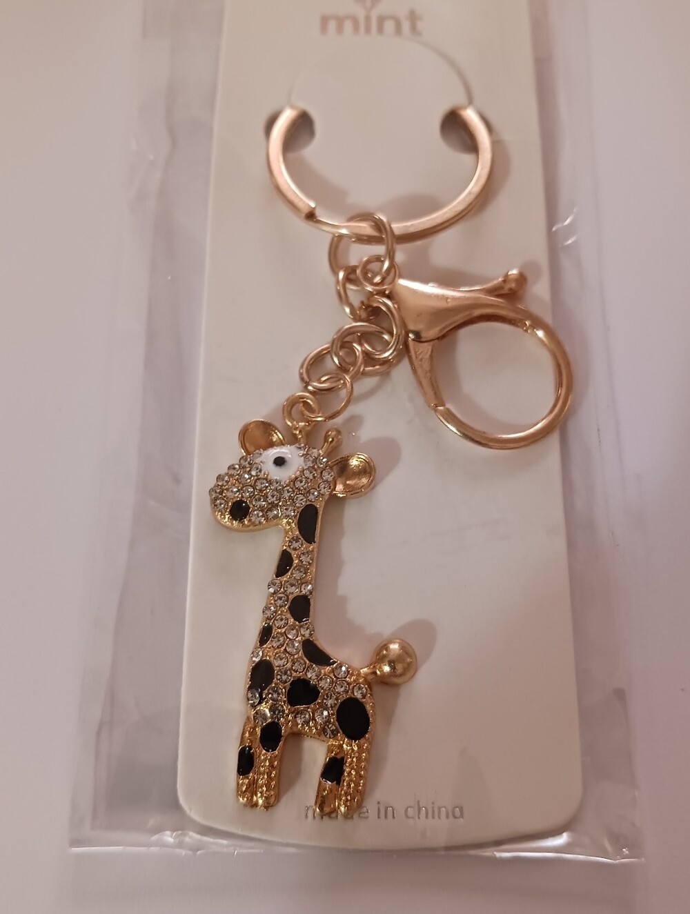 NIP Mint Rhinestone Giraffe Bag Charm, Goldtone Key Chain